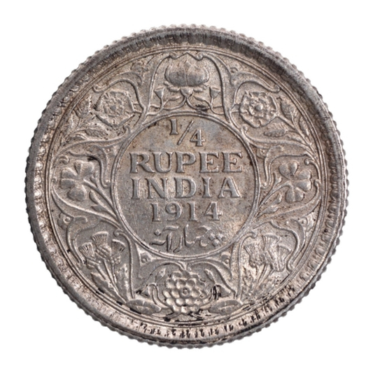 Quarter Rupee 1/4 Silver Coin 1914 George V King Emperor Rare - Collection Bazzar