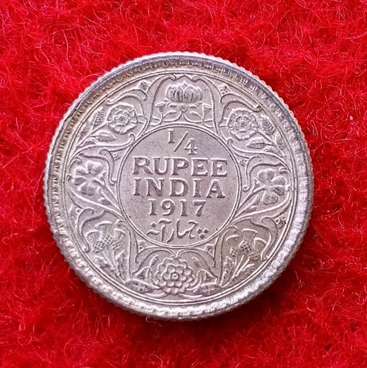 Quarter Rupee 1/4 Silver Coin 1917 George V King Emperor Rare - Collection Bazzar