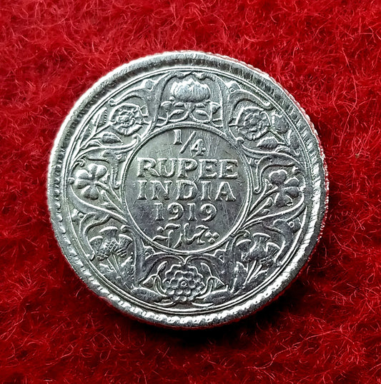 Quarter Rupee 1/4 Silver Coin 1919 George V King Emperor Rare - Collection Bazzar