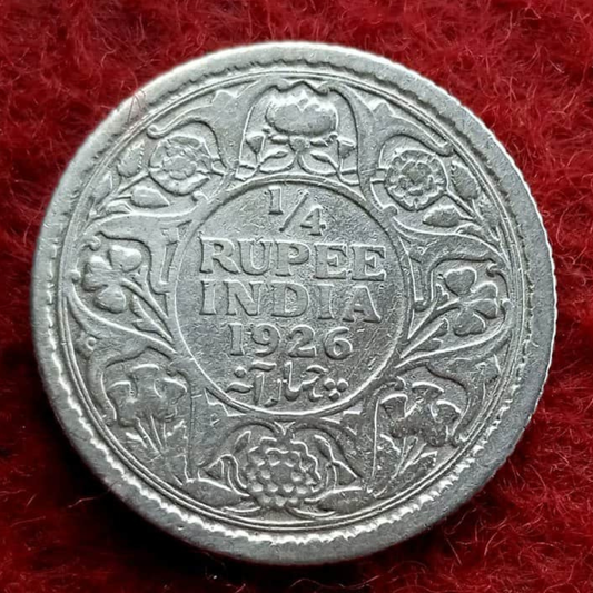 Quarter Rupee 1/4 Silver Coin 1926 George V King Emperor Rare - Collection Bazzar