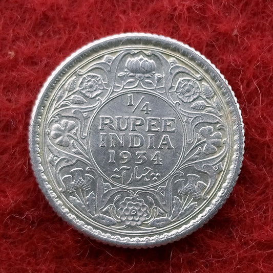 Quarter Rupee 1/4 Silver Coin 1934 George V King Emperor Rare - Collection Bazzar