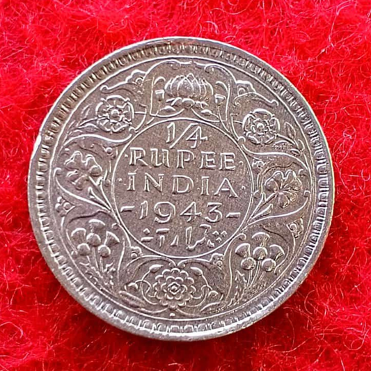 Quarter Rupee 1/4 Silver Coin 1943 George V King Emperor Rare - Collection Bazzar