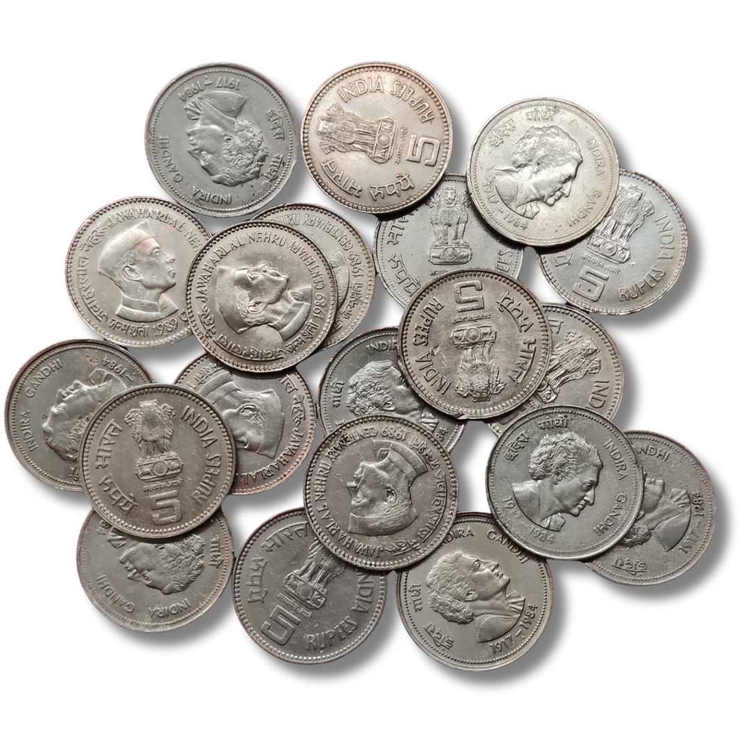 Rare 5 Rupees Indira Gandhi And Jawahar Lal Nehru Copper Nickel Coin Year 1984 - 1989 Total 20 Coins Lot