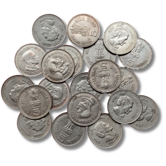 Rare 5 Rupees Indira Gandhi And Jawahar Lal Nehru Copper Nickel Coin Year 1984 - 1989 Total 20 Coins Lot