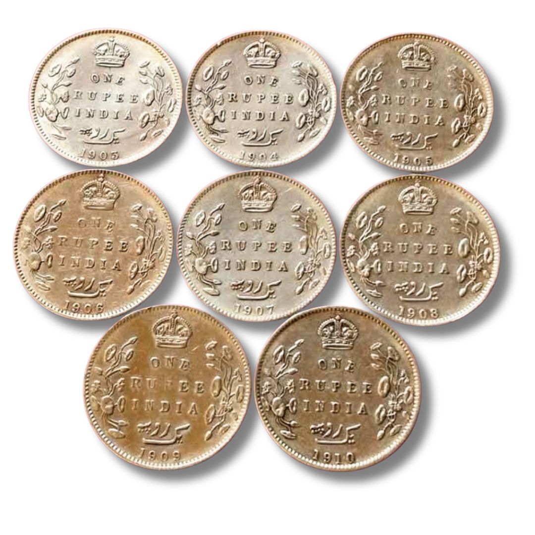 Edward VII One Rupee Complete Silver Coin Set (1903–1910) – 8 Coins - Collection Bazzar