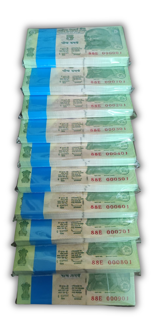Rare ₹5 Indian Banknotes | Low Serial Number 88E 000001 0001000 Collectible Currency Notes - Collection Bazzar
