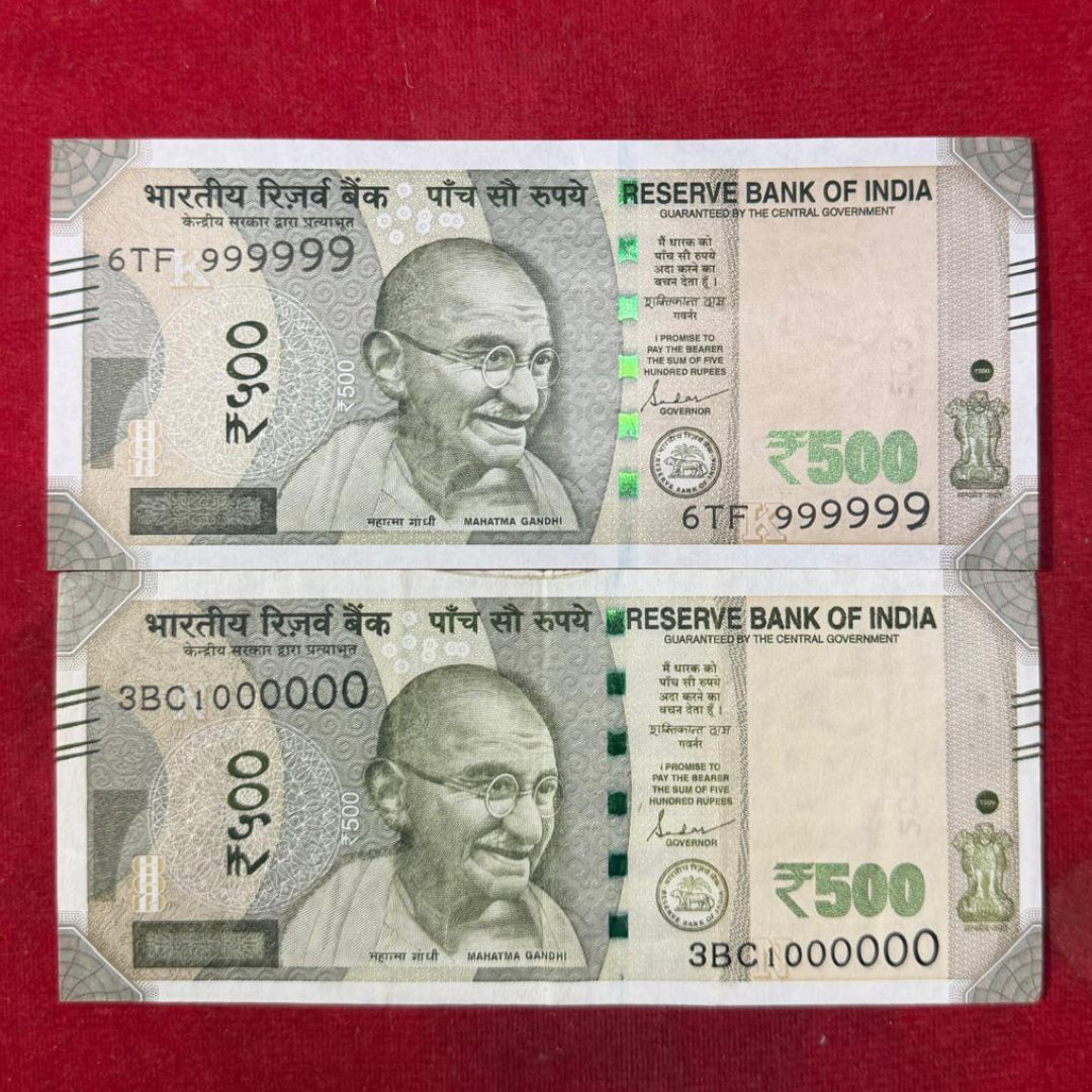 Rare Rs 500 Fancy Notes 999999 & 1000000 Lakha Number 2 Notes Set - Collection Bazzar