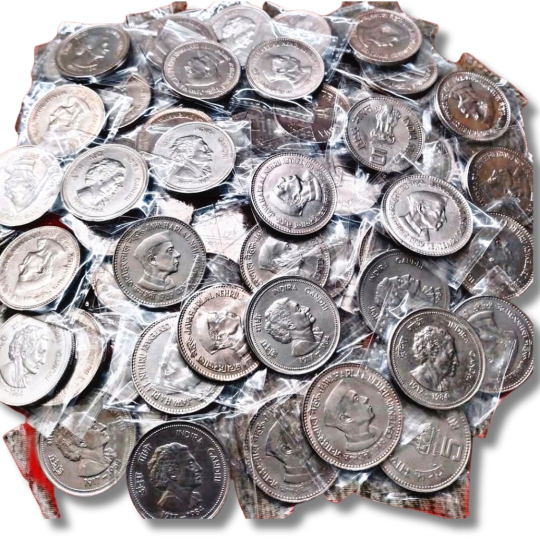 Rare Extremely 5 Rupees Jawahar Lal Nehru And Indira Gandhi Mix Coppernickelcoins Total 50 Coins Lot Condition