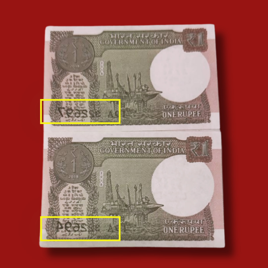 Rs 1 Error & Misprint Set of 2 Notes Backside Ink Remark in Image - Collection Bazzar