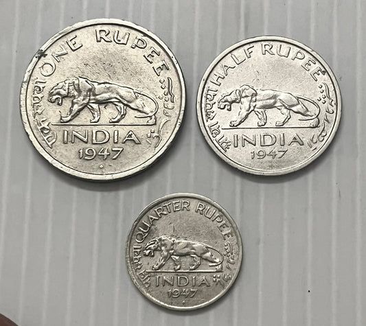 BRITISH INDIA - LAST ISSUE-1947
ONE RUPEE , HALF RUPEE & QUARTER RUPEE
METAL C/N
EXCELLENT CONDITION - Collection Bazzar