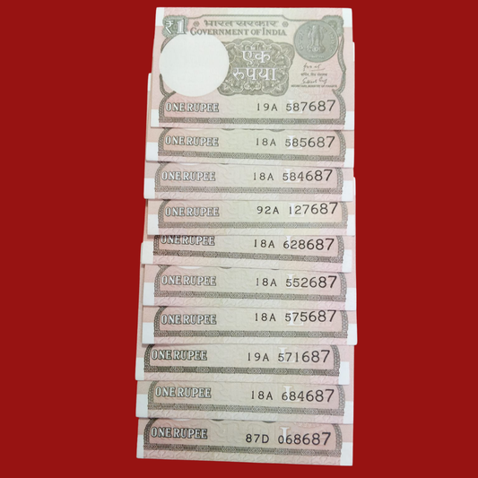 Rs 1 Note 10 Pieces Lot Ending 687 Reverse 786 Holy Number - Collection Bazzar