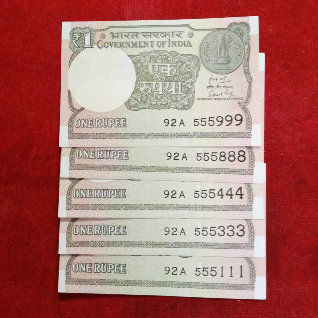 Rs 1 Note 5 Piece Starting 555 Ending Triple Number Unc Condition - Collection Bazzar