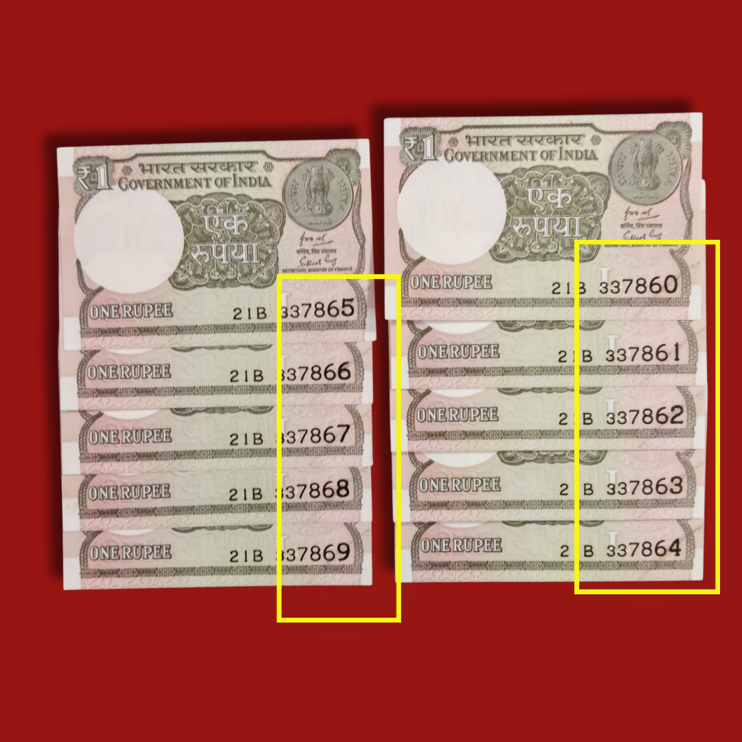 Rs 1 Note Error Middle 786 Set of 10 Notes Dark Ink On Serial - Collection Bazzar
