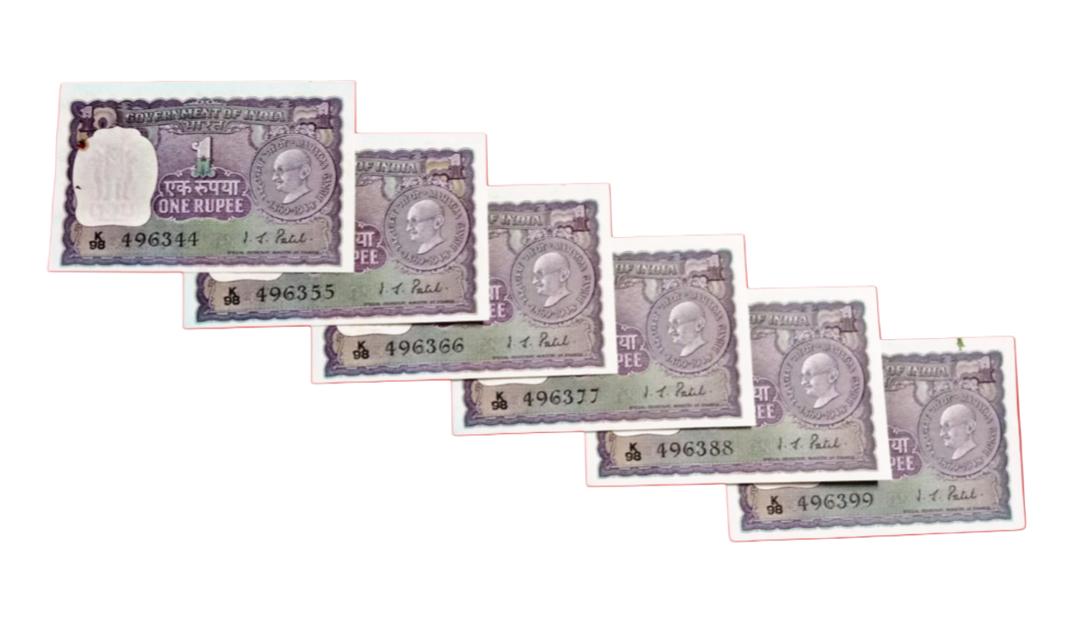 Rs 1 note mahatma gandhi image 1969  govername ig patel 6 note set unc condition - Collection Bazzar