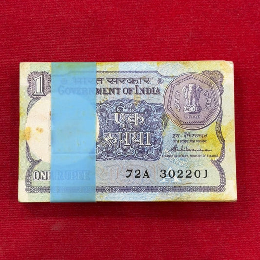 Rs 1 Note bank note year 1986 old Packet 100 serial 302201 - Collection Bazzar