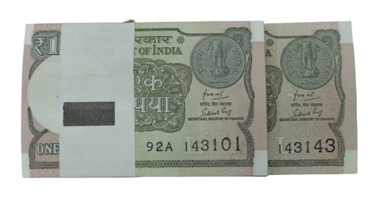 Rs 1 Note serial packet 143101 with 143143 doubling I love you number unc condition - Collection Bazzar