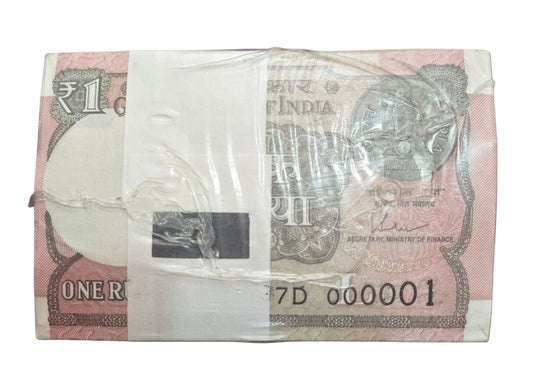 Rs 1 Rare Bundle – Serial Number 000001 | Rim 1000 Notes | Government of India Issue | Extremely Rare First Number Pack | UNC Original Condition | Collector’s Special Vintage Currency Bundle - Collection Bazzar