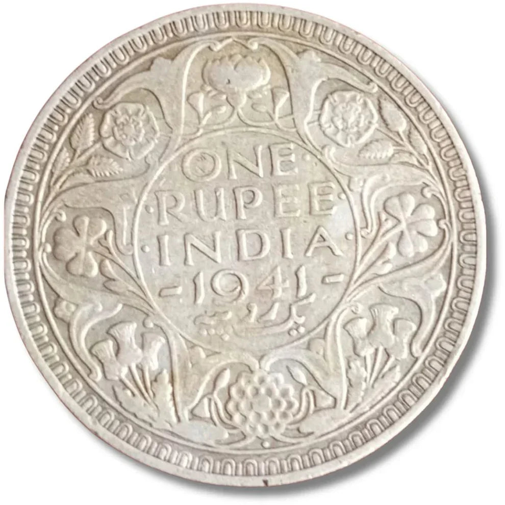 1941 British India one rupee silver coin with floral design, collectible currency