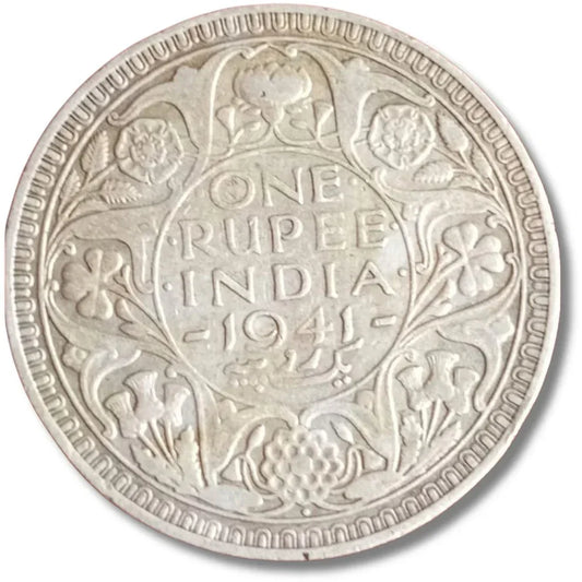 1941 British India one rupee silver coin with floral design, collectible currency