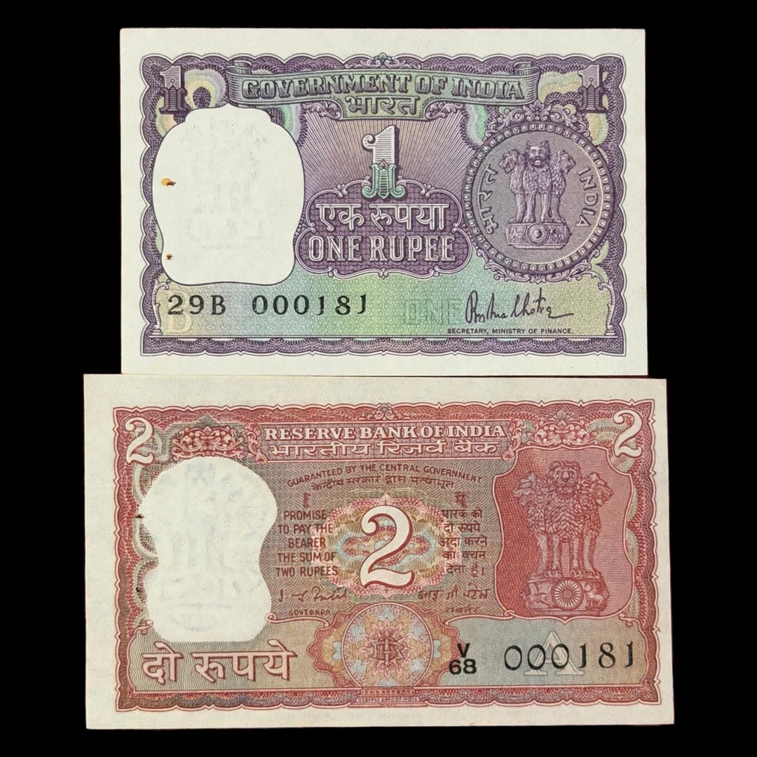 Rs 1 and 2 Notes 000181 Same number Rare Collectible - Collection Bazzar