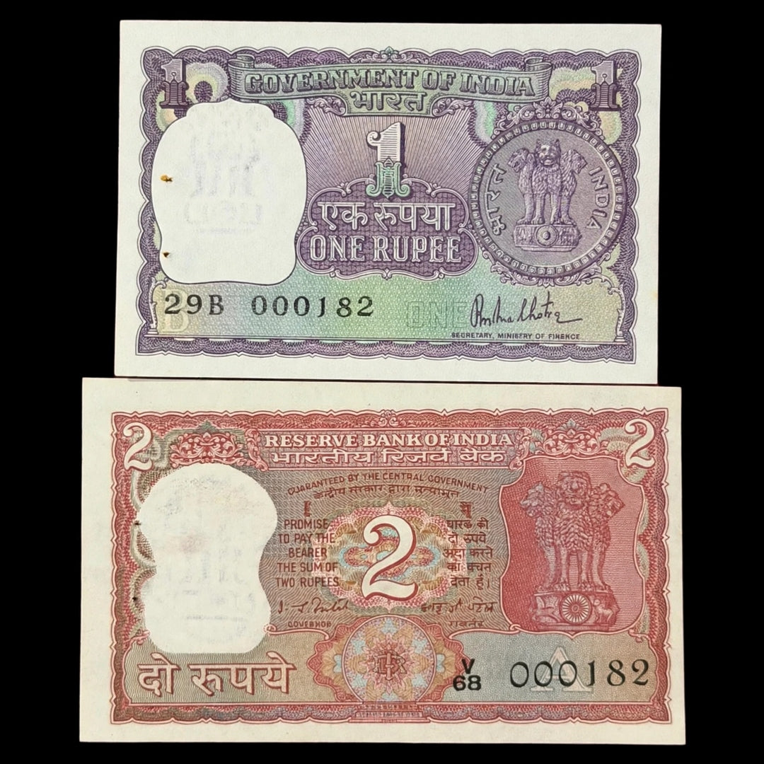 Rs 1 and 2 Notes 000182 Same number Rare Collectible - Collection Bazzar