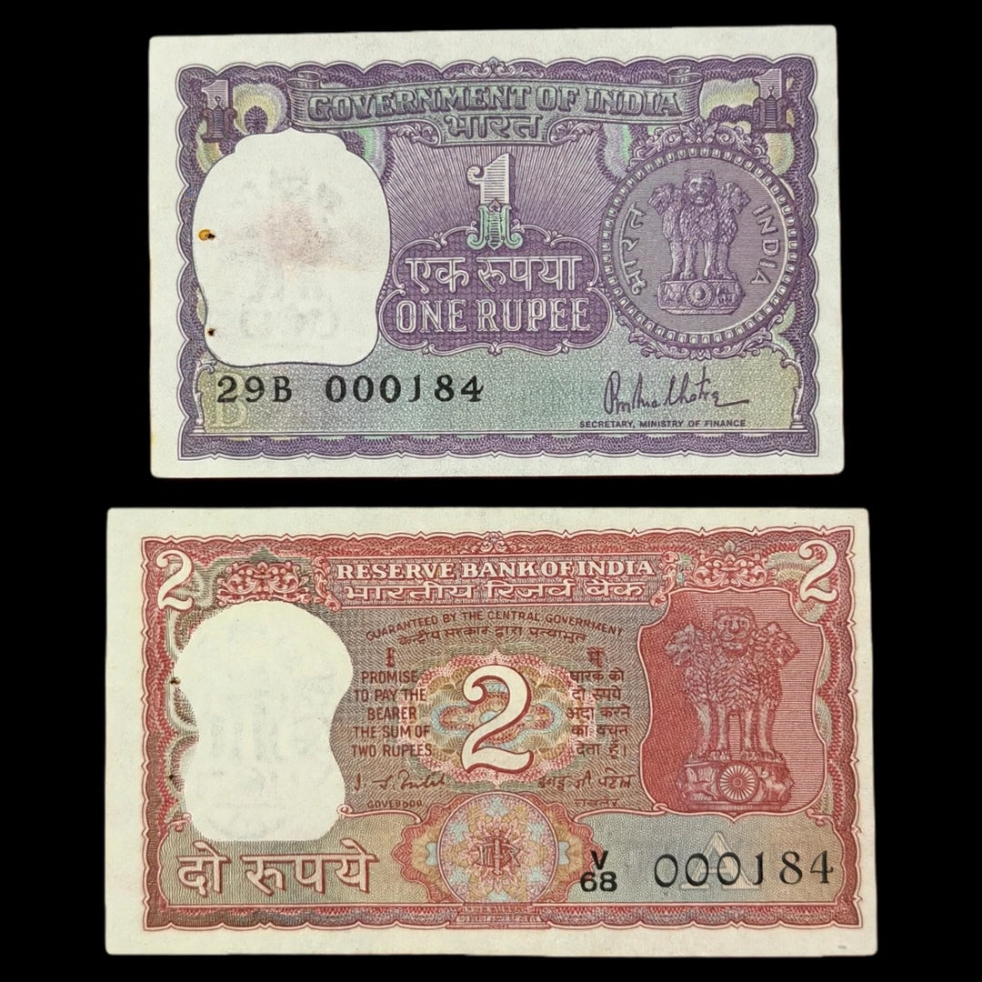 Rs 1 and 2 Notes 000184  Same number Rare Collectible - Collection Bazzar