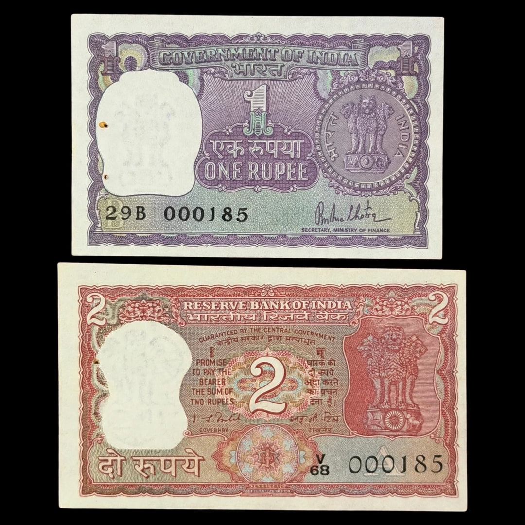 Rs 1 and 2 Notes 000185 number Rare Collectible - Collection Bazzar