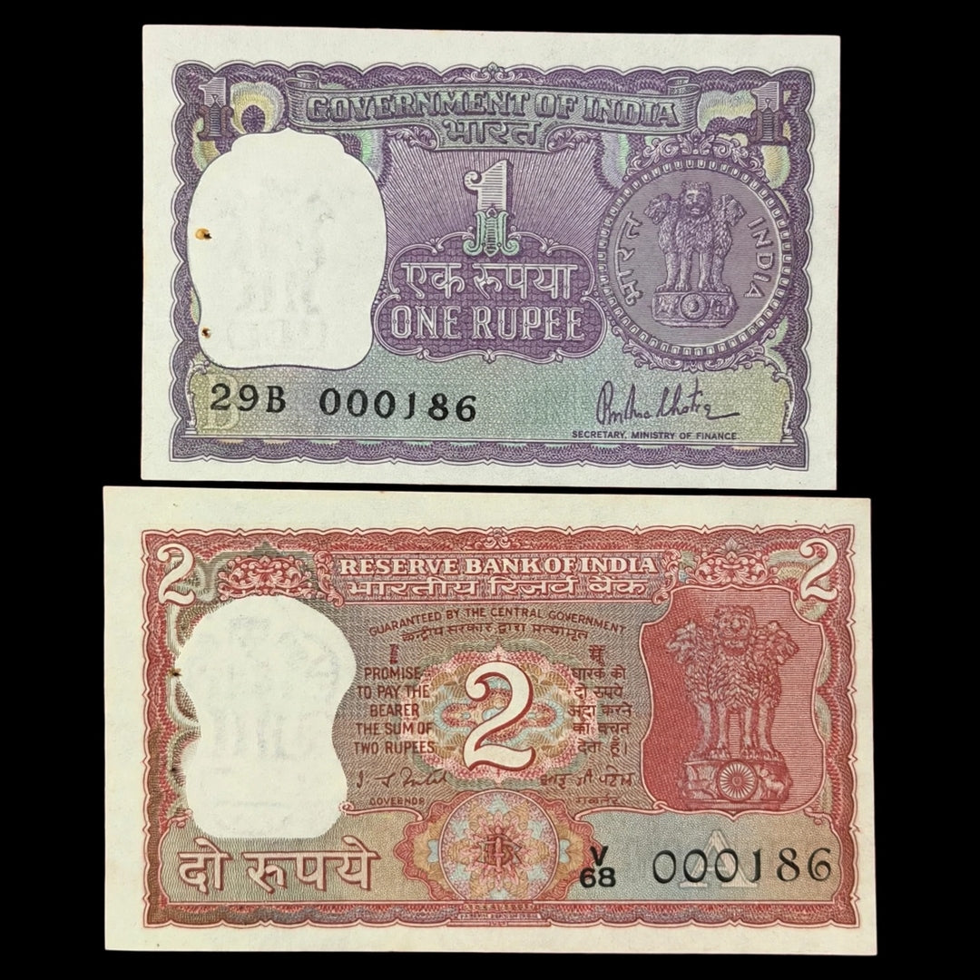 Rs 1 and 2 Notes 000186 Same number Rare Collectible - Collection Bazzar