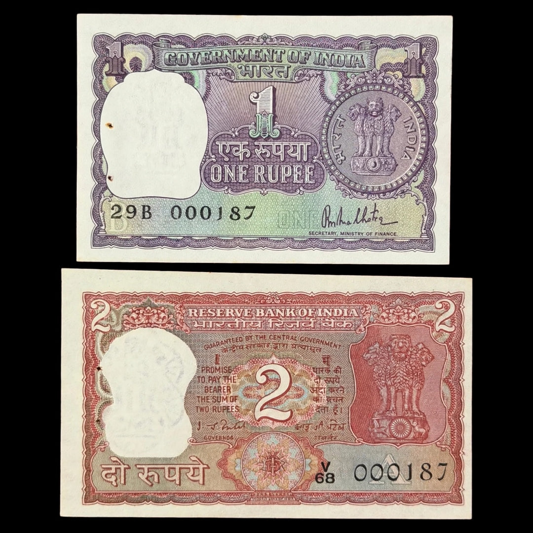 Rs 1 and 2 Notes 000187 Same  number Rare Collectible - Collection Bazzar