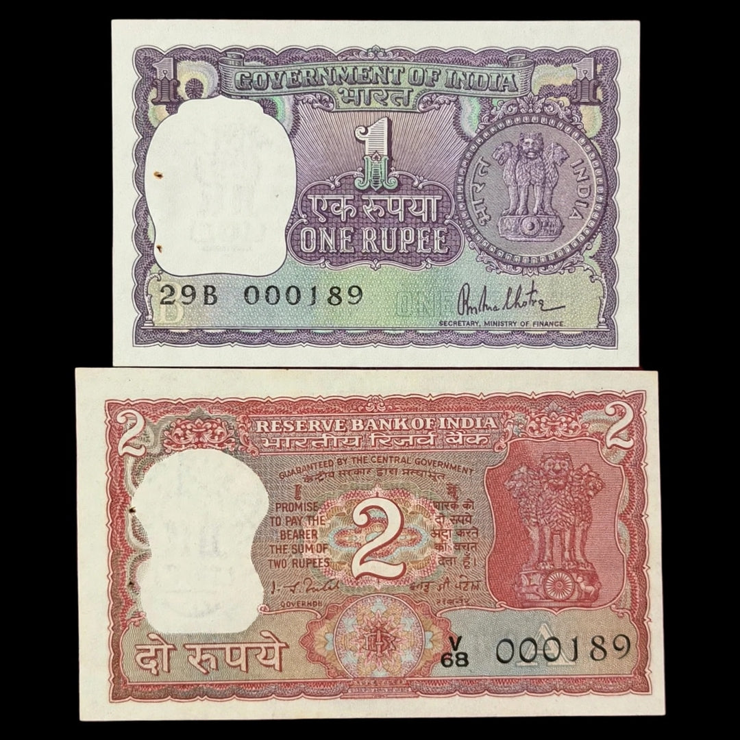 Rs 1 and 2 Notes 000189 Same number Collectible Rare - Collection Bazzar