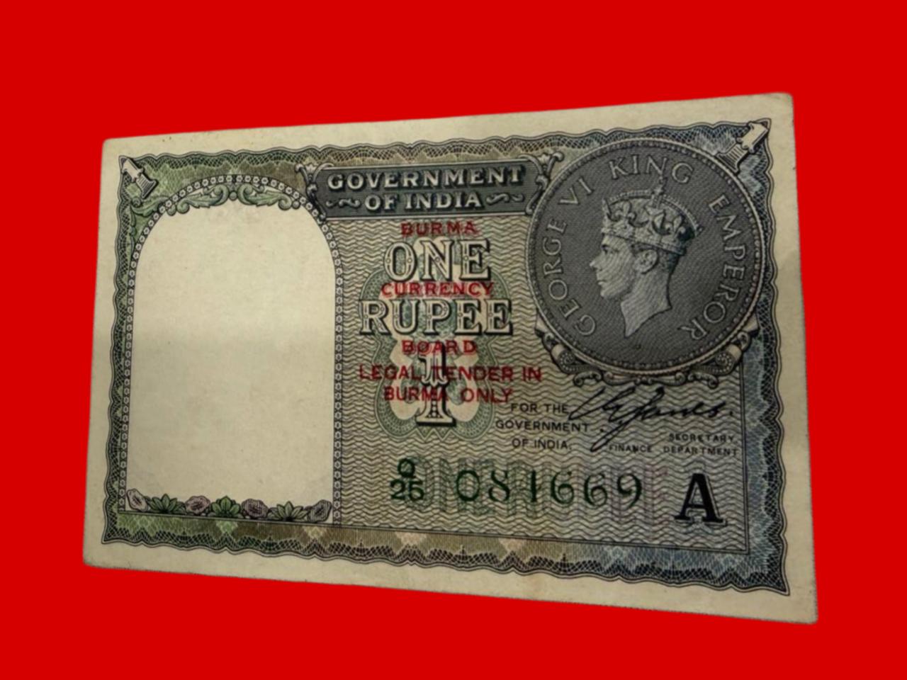 Rs 1  british india note burma over print 081669 vintage note - Collection Bazzar
