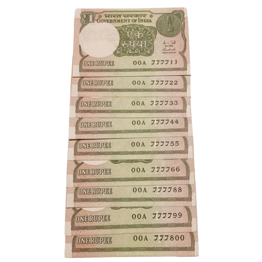 Rs 1 new fancy number set 777711 -777800 first prefix 00A 2015 YEAR hard to find rare - Collection Bazzar