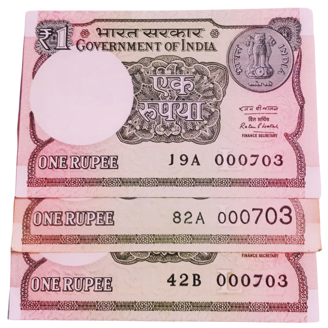 Rs 1 new same lower number 3 notes set 000703 very hard to collect - Collection Bazzar