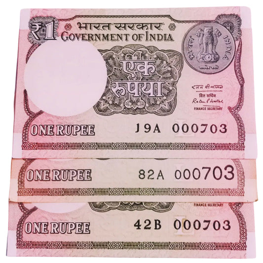 Rs 1 new same lower number 3 notes set 000703 very hard to collect - Collection Bazzar