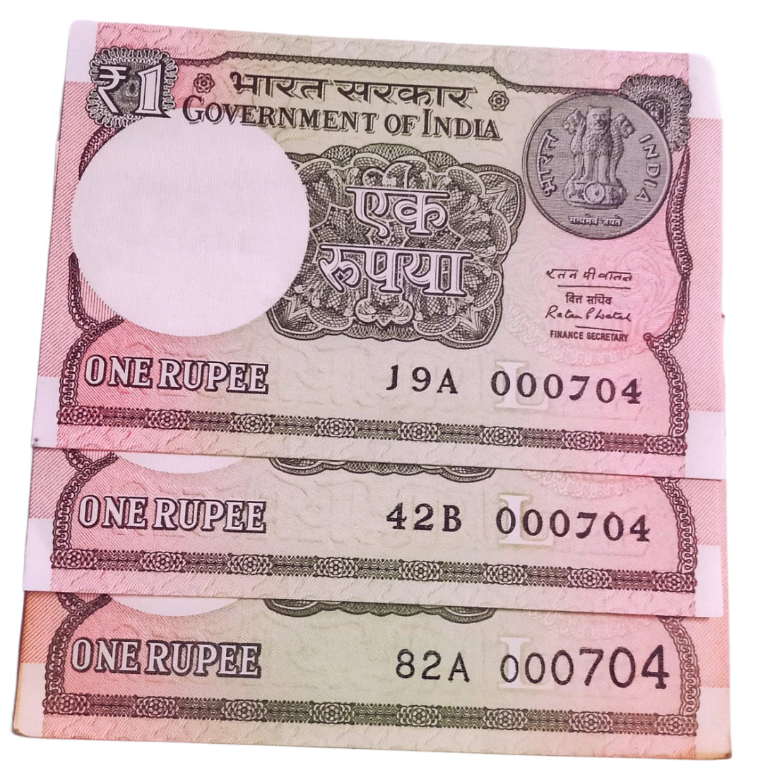 Rs 1 new same lower number 3 notes set 000704 very hard to collect - Collection Bazzar