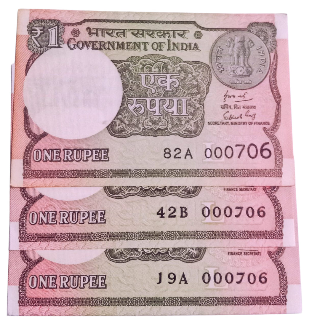 Rs 1 new same lower number 3 notes set 000706 very hard to collect - Collection Bazzar