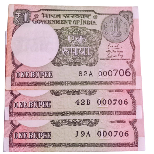 Rs 1 new same lower number 3 notes set 000706 very hard to collect - Collection Bazzar