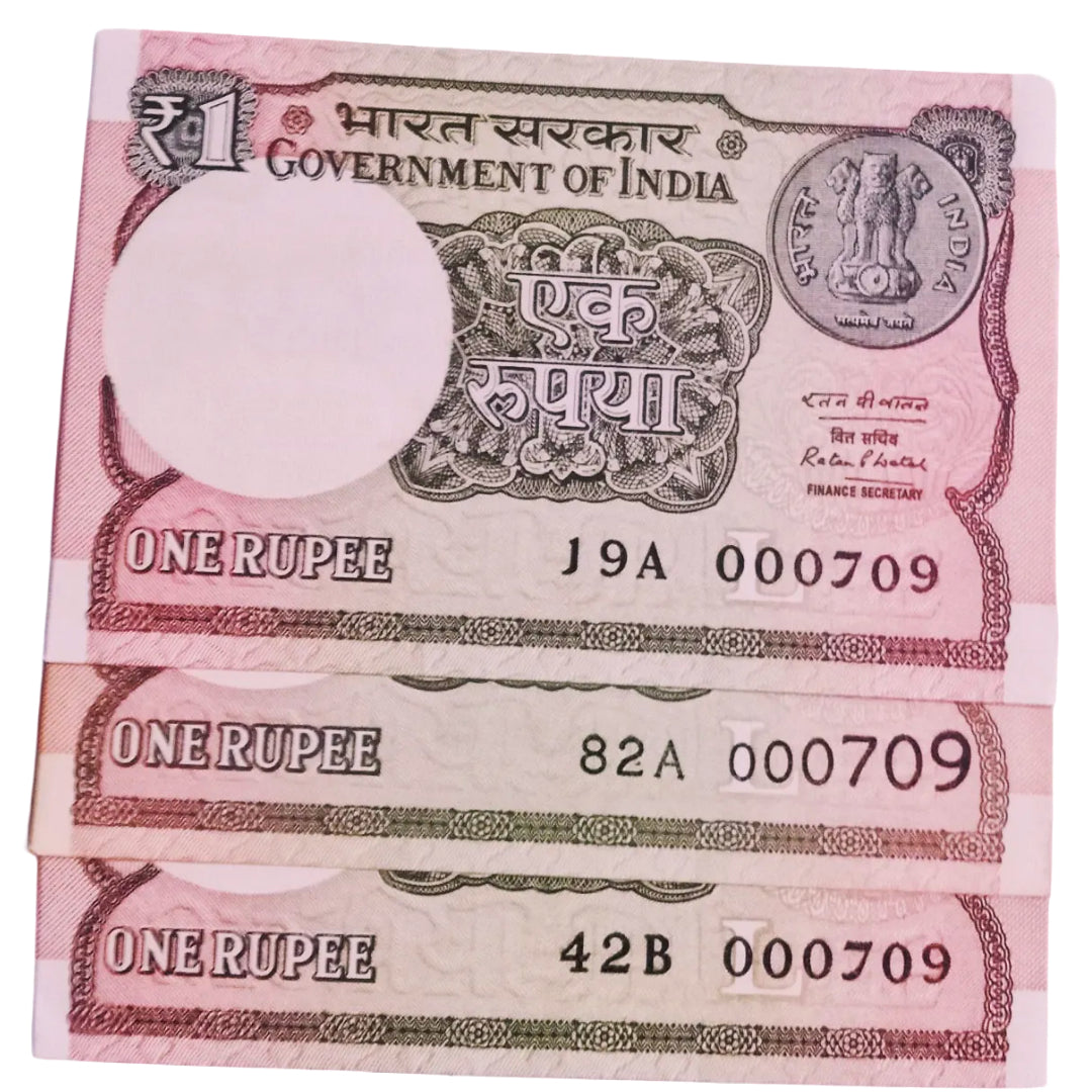 Rs 1 new same lower number 3 notes set 000709 very hard to collect - Collection Bazzar