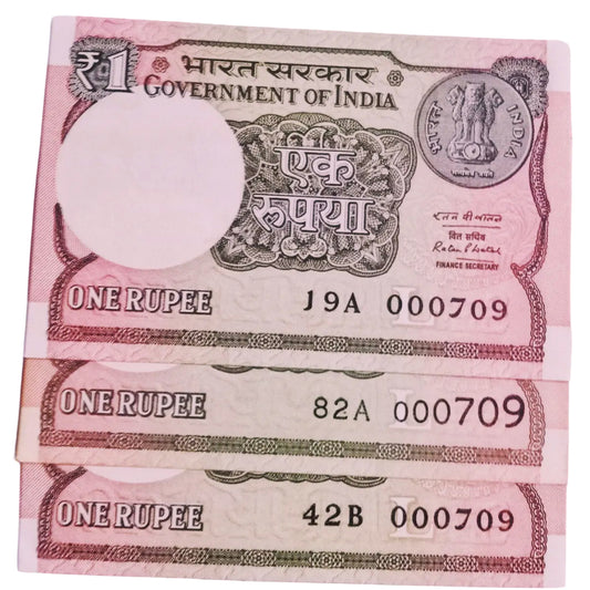 Rs 1 new same lower number 3 notes set 000709 very hard to collect - Collection Bazzar