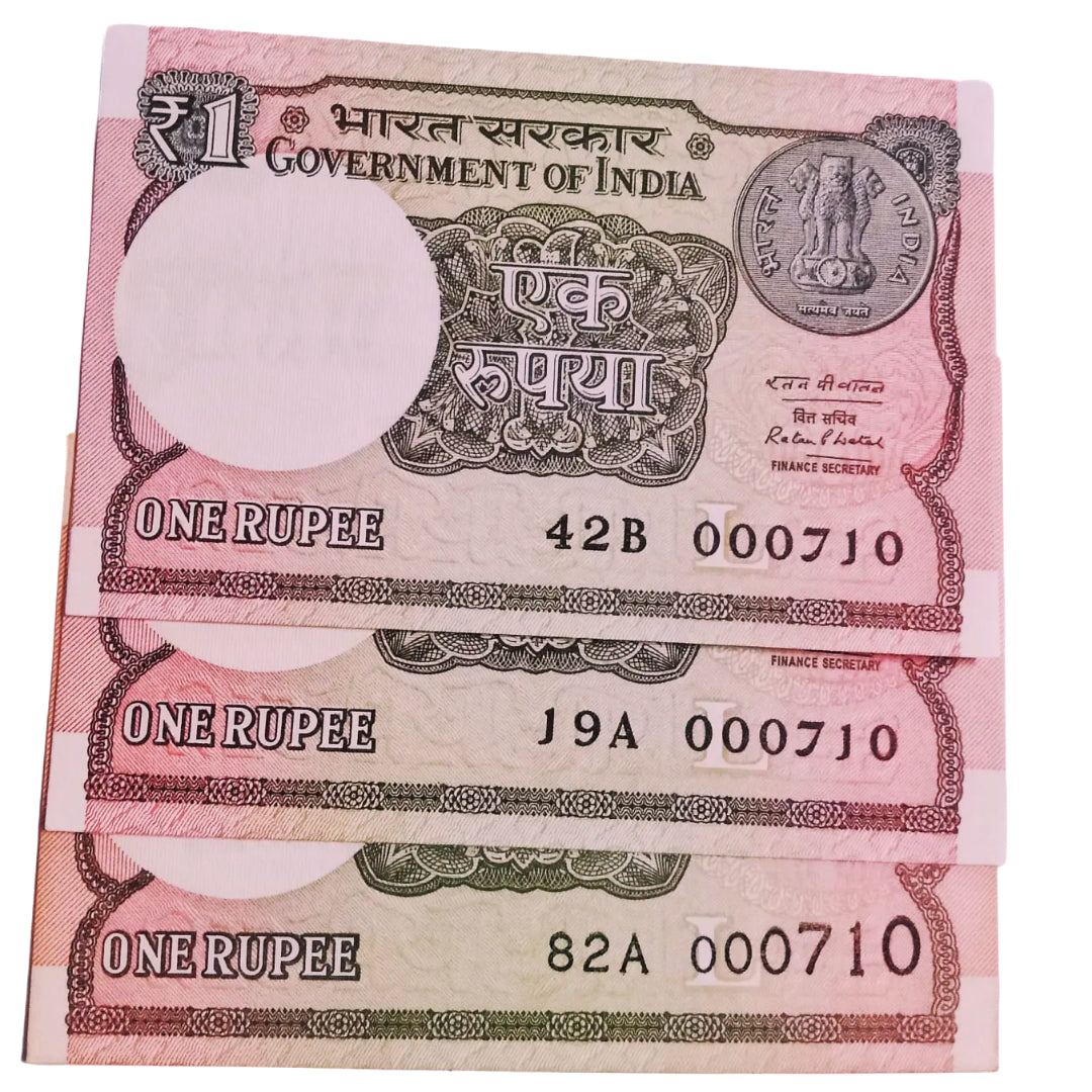 Rs 1 new same lower number 3 notes set 000710 very hard to collect - Collection Bazzar