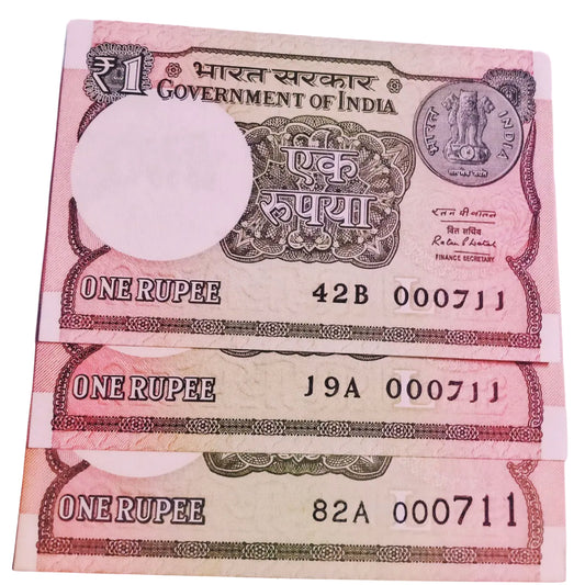 Rs 1 new same lower number 3 notes set 000711 very hard to collect - Collection Bazzar