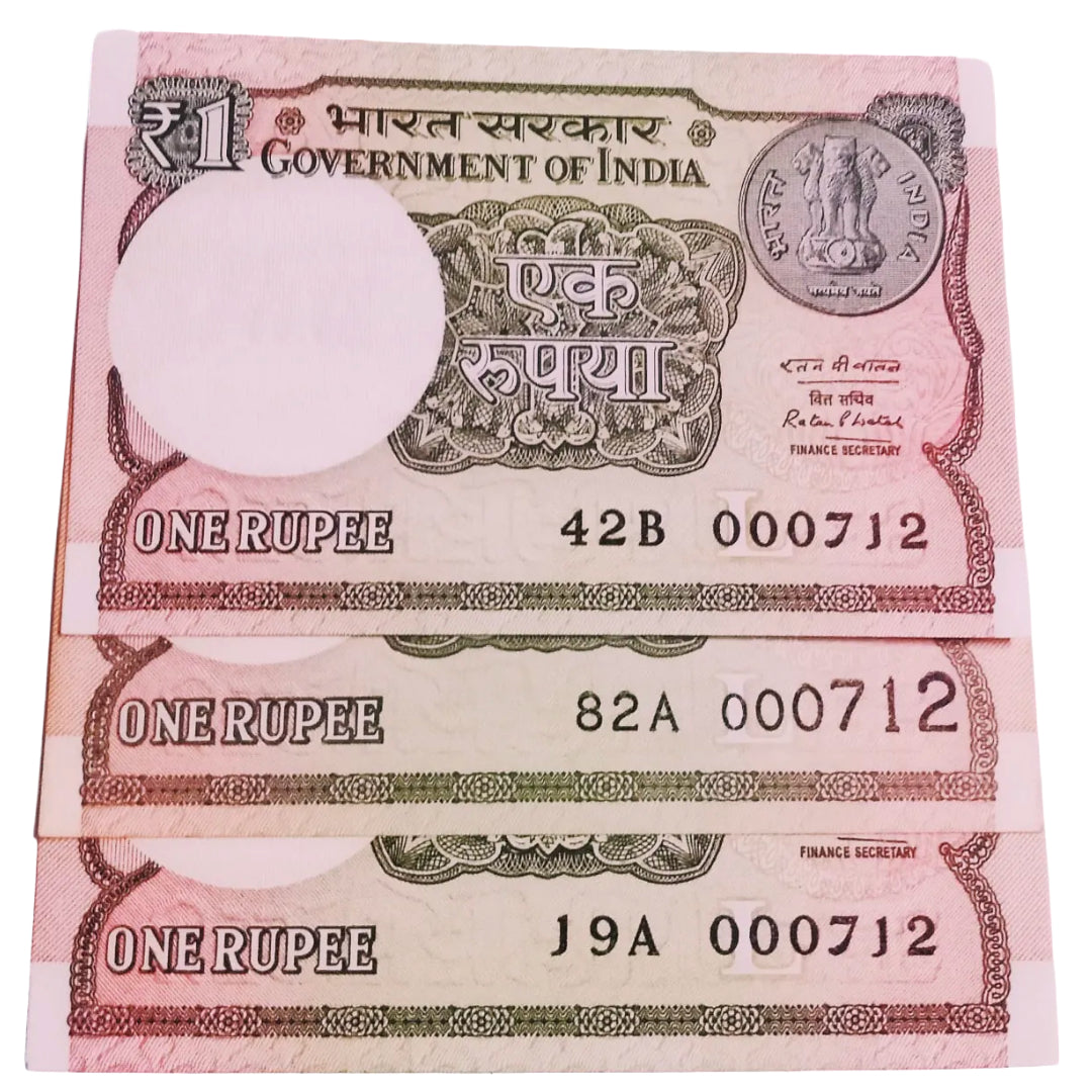 Rs 1 new same lower number 3 notes set 000712 very hard to collect - Collection Bazzar