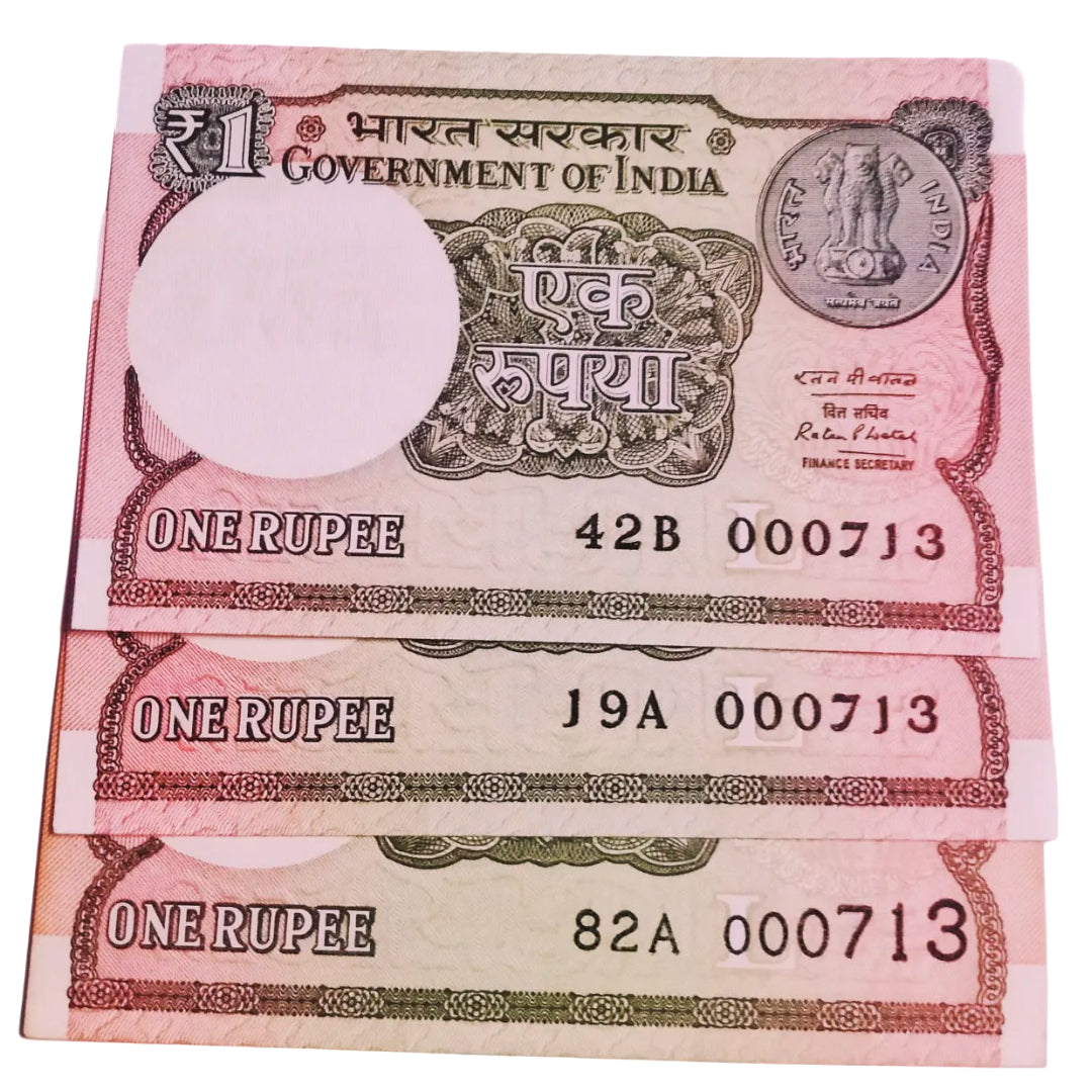 Rs 1 new same lower number 3 notes set 000713 very hard to collect - Collection Bazzar