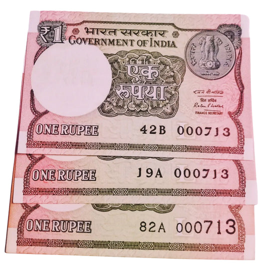 Rs 1 new same lower number 3 notes set 000713 very hard to collect - Collection Bazzar