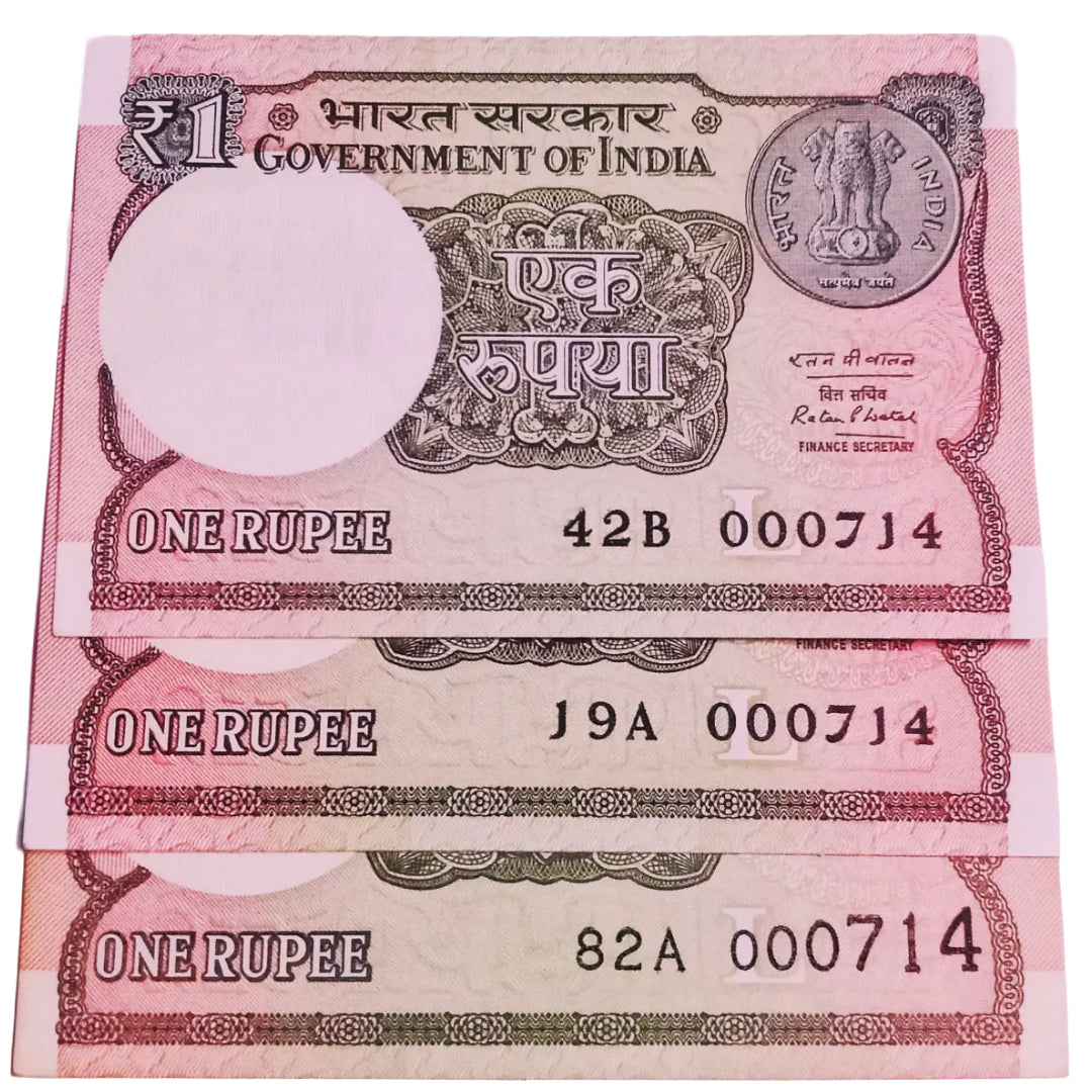 Rs 1 new same lower number 3 notes set 000714 very hard to collect - Collection Bazzar