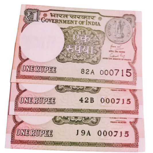 Rs 1 new same lower number 3 notes set 000715 very hard to collect - Collection Bazzar