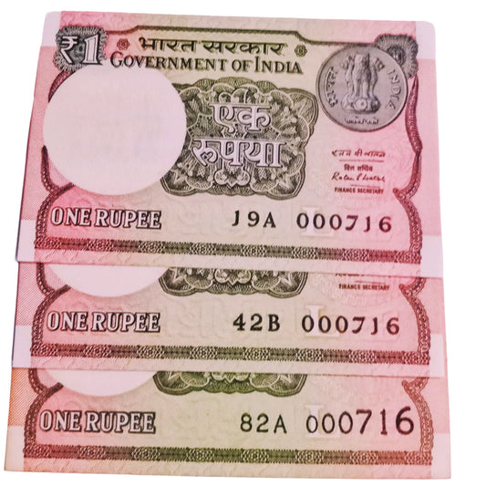 Rs 1 new same lower number 3 notes set 000716 very hard to collect - Collection Bazzar