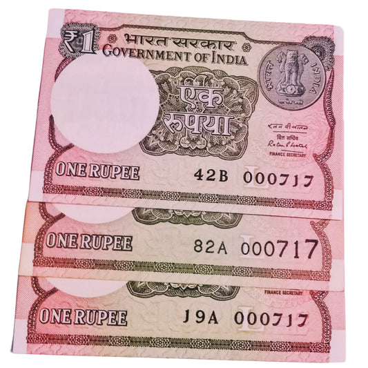 Rs 1 new same lower number 3 notes set 000717 very hard to collect - Collection Bazzar