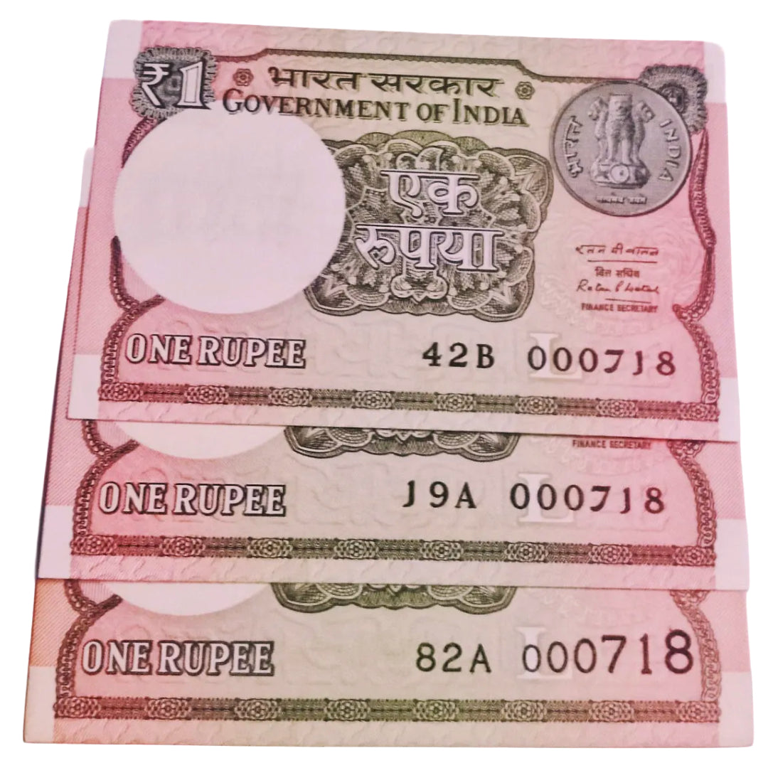 Rs 1 new same lower number 3 notes set 000718 very hard to collect - Collection Bazzar