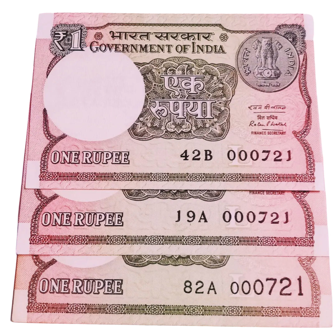 Rs 1 new same lower number 3 notes set 000721 very hard to collect - Collection Bazzar